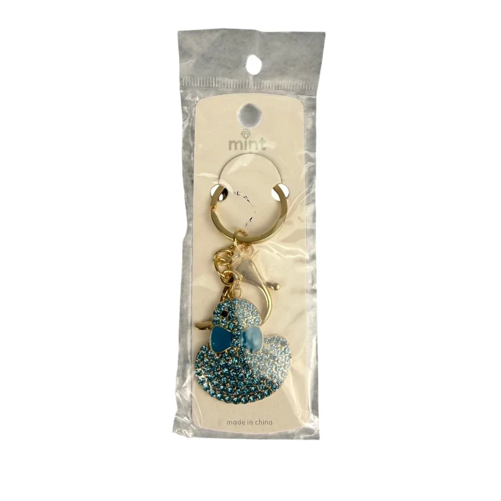 Mint Rhinestone Duck Keychain Blue Gold Tone Crystal Bag Charm